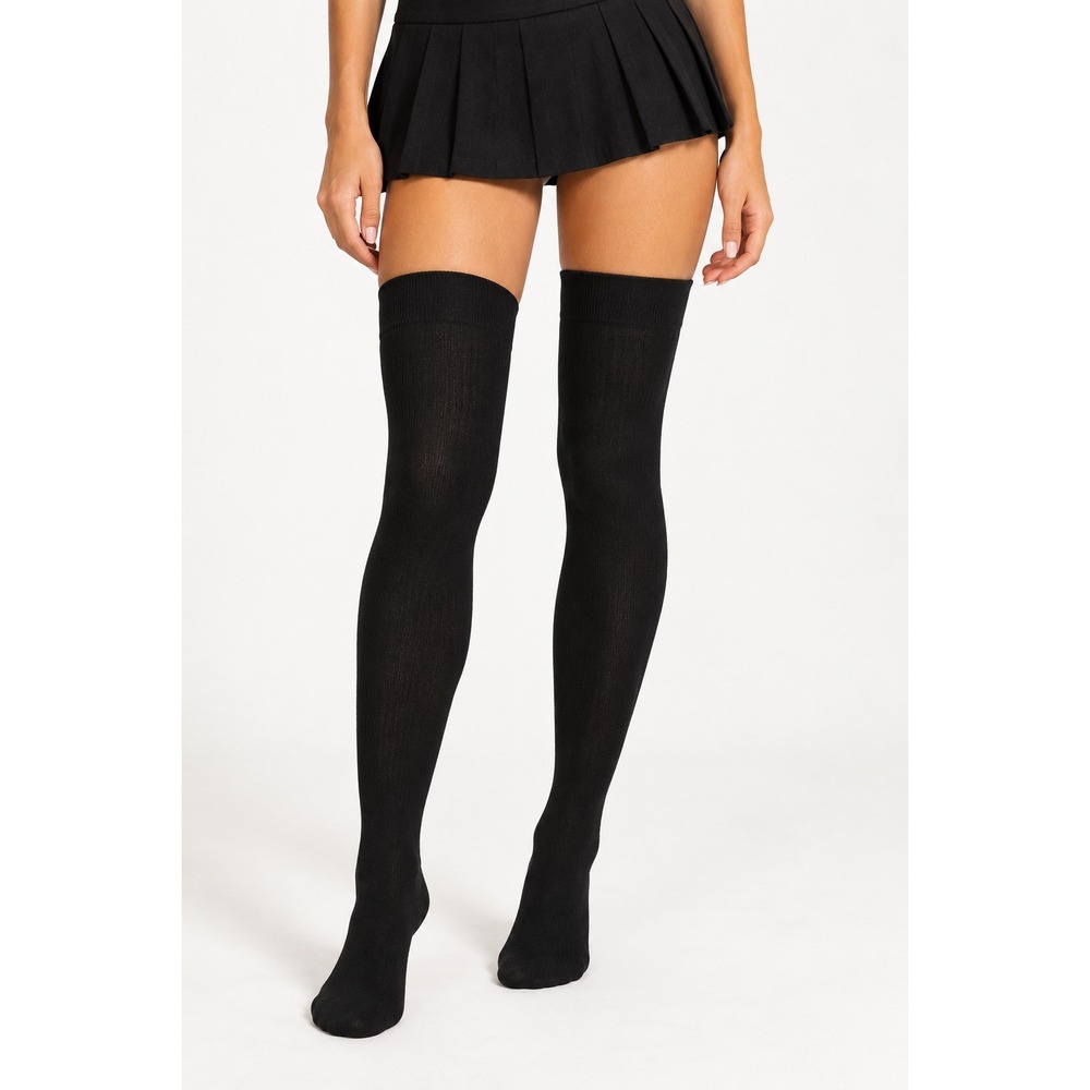 Classic Black Ribbed Knit Knee High Socks Solid Over the Calf Hosiery